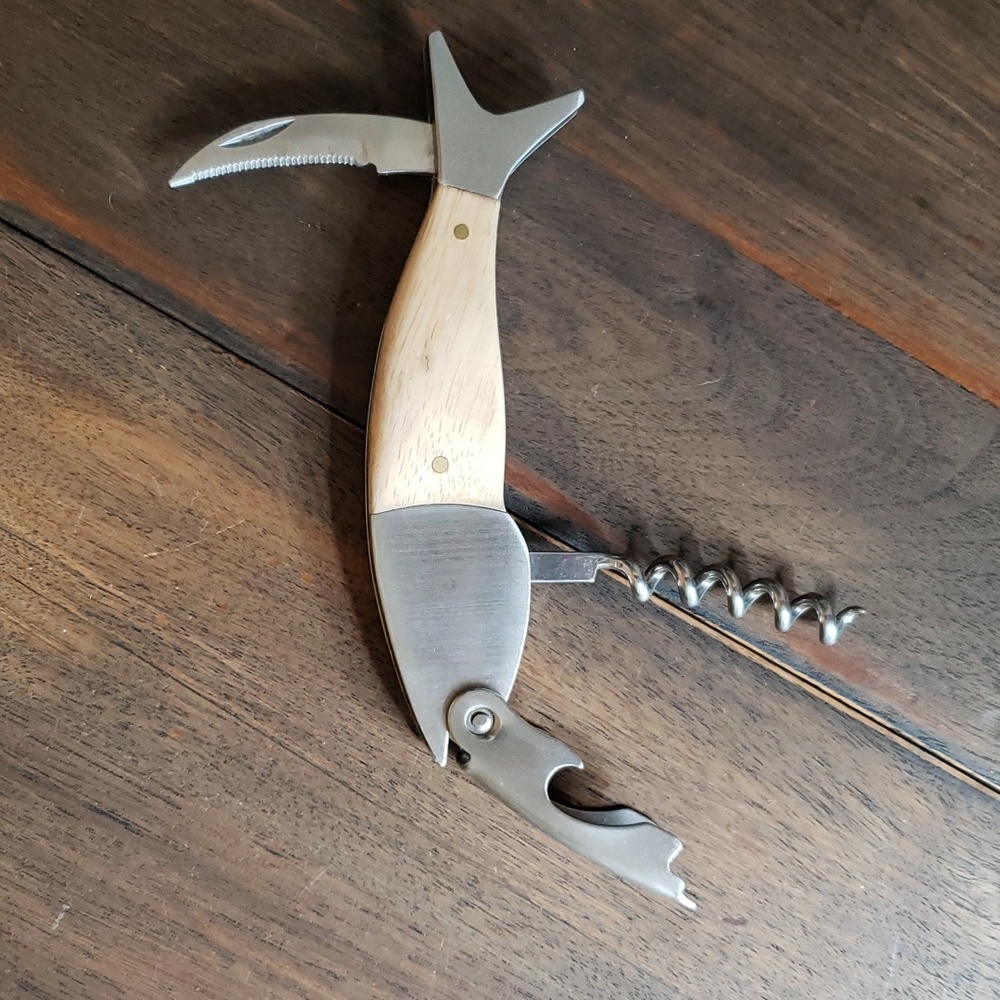 Kikkerland Lightwood Fish Corkscrew Utility Knife